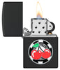 Zippo Poker Chip with Cherries Emblem Black Matte Windproof Lighter with its lid open and lit.