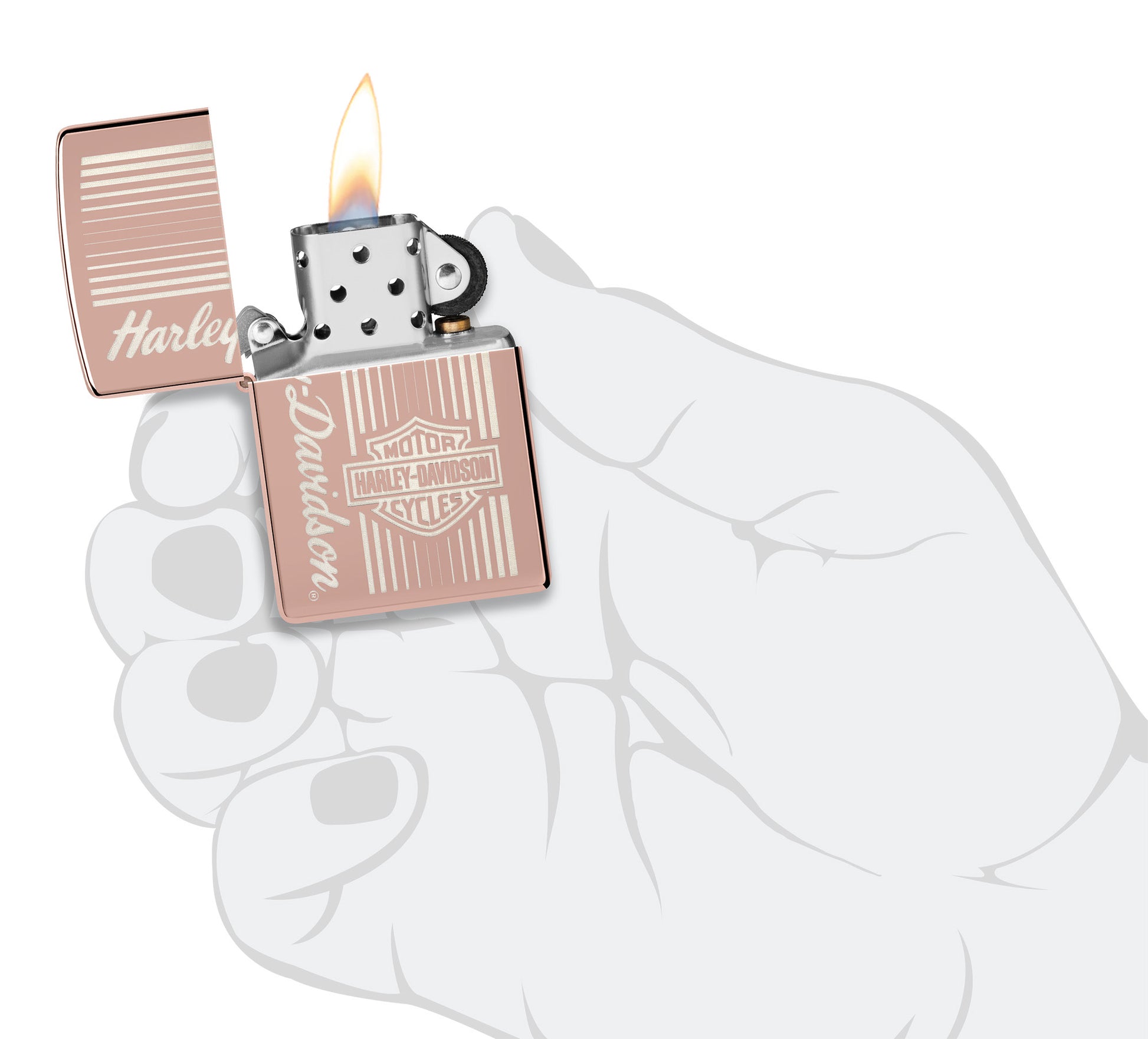 Zippo Harley-DavidsonÂ® High Polish Rose Gold Windproof Lighter lit in hand.