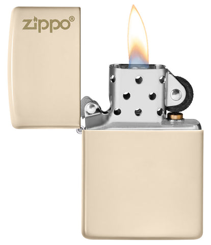 Front view of the Classic Flat Sand Zippo Logo pocket lighter open and lit