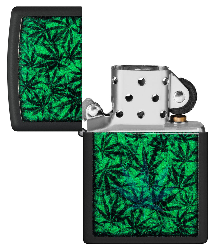 Zippo Cannabis Design Black Light Black Matte Windproof Lighter with its lid open and unlit.