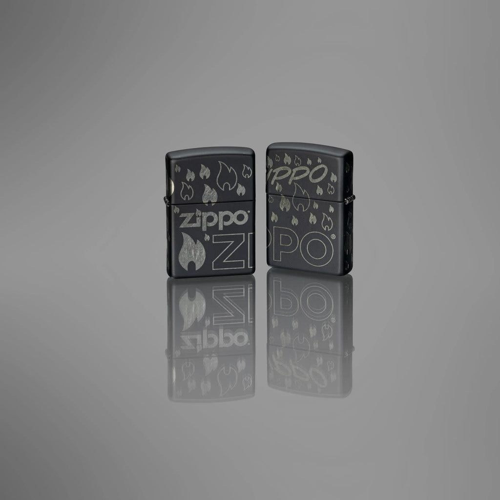 Lifestyle image of two Zippo Design Black Matte with Chrome Windproof Lighters.