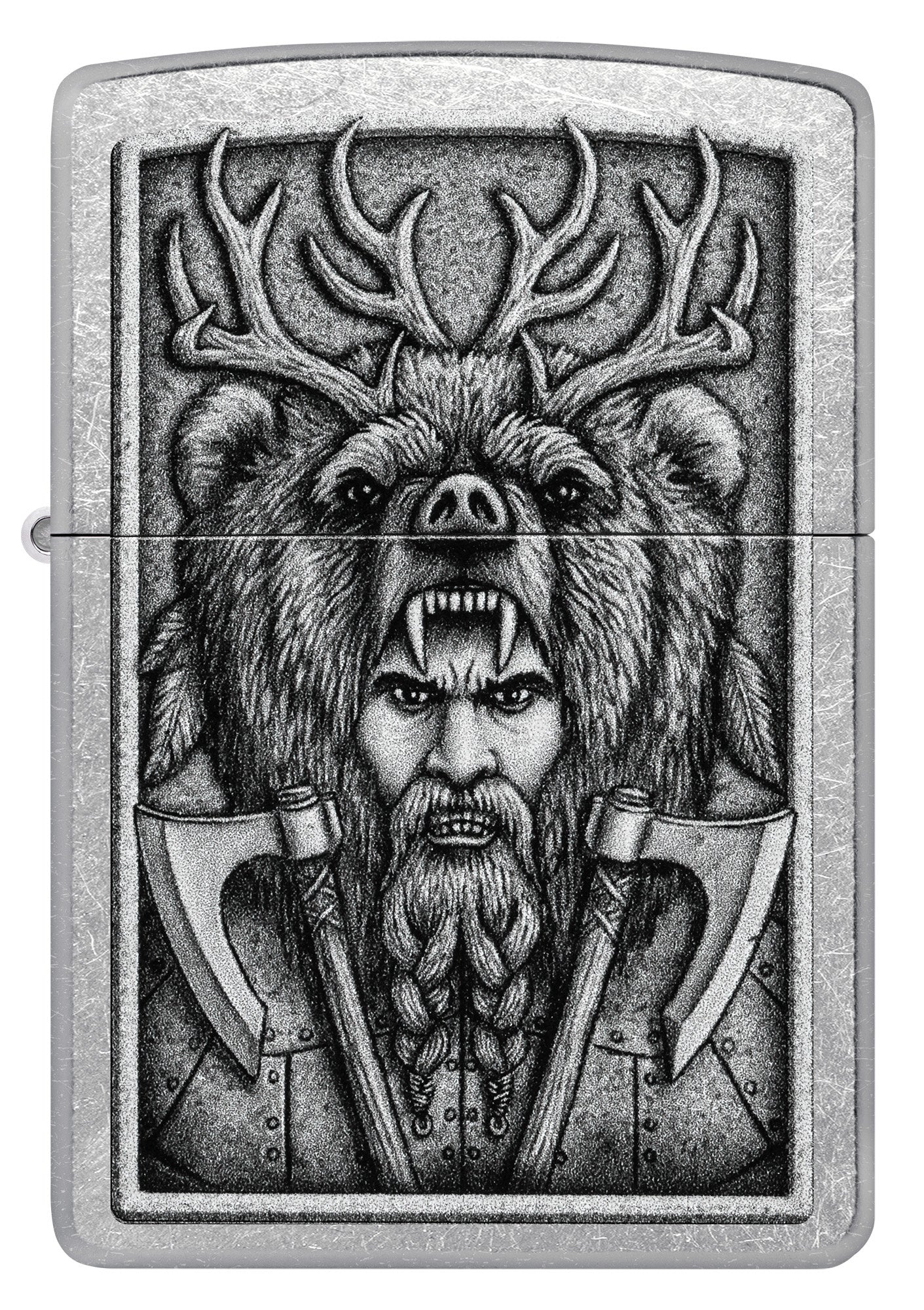 Front shot of Zippo Barbarian Design Street Chrome Windproof Lighter.
