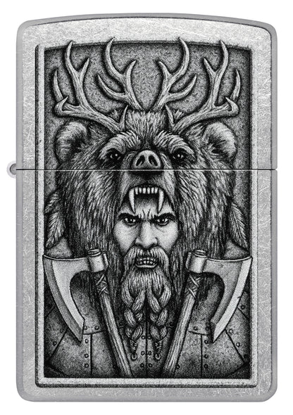 Front shot of Zippo Barbarian Design Street Chrome Windproof Lighter.