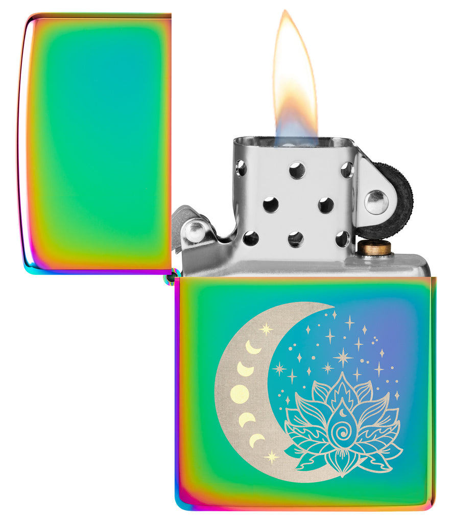 Zippo Spiritual Multi-Color Windproof Lighter with its lid open and lit.