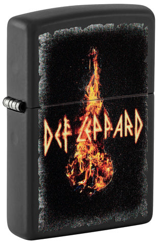 Front shot of Zippo Def Leppard Burning Violin Black Matte Windproof Lighter standing at a 3/4 angle.