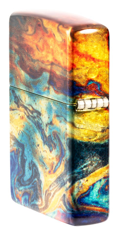 Angle shot of Zippo Colorful Design 540 Tumbled Brass Windproof Lighter showing the back and hinge side of the lighter.
