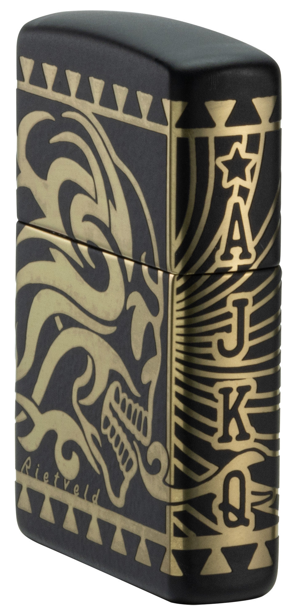 Angled shot of Zippo Rick Rietveld Laser 360 Black Matte Windproof Lighter showing the front and right side of the lighter.
