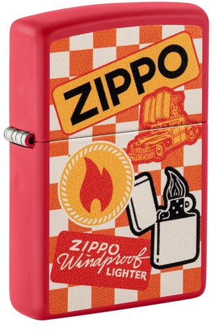Front view of Zippo Retro Design Red Matte Windproof Lighter standing at a 3/4 angle.