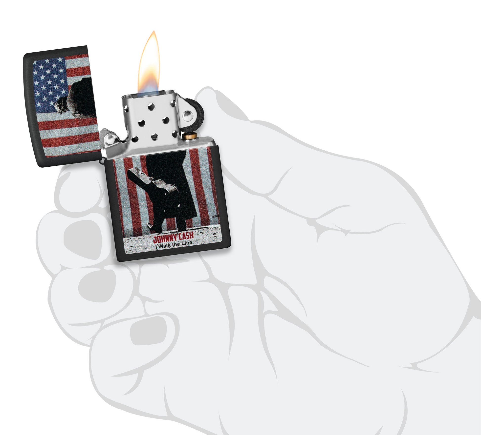 Zippo Johnny Cash Walk the Line Black Matte Windproof Lighter lit in hand.
