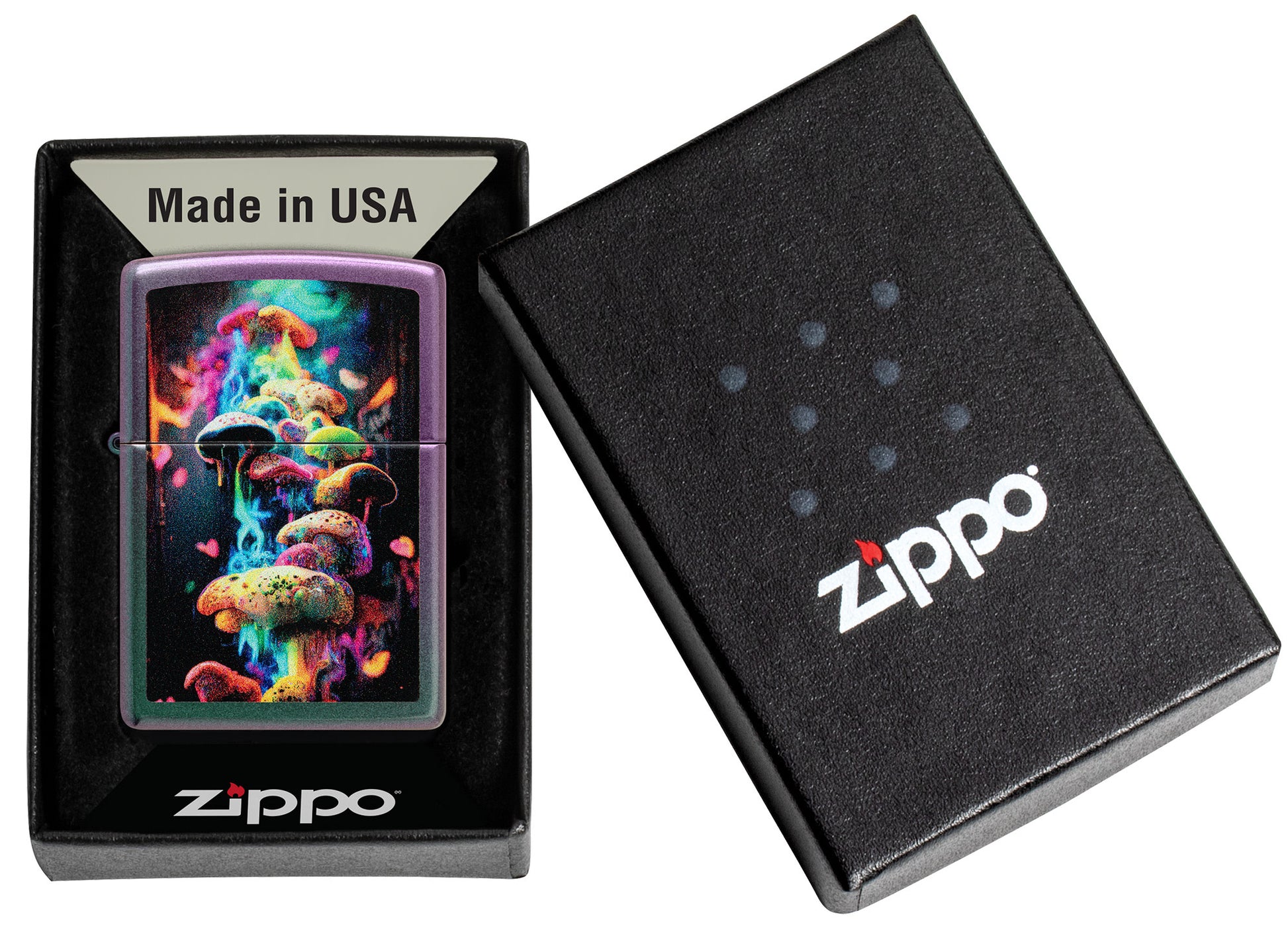 Zippo Mushrooms Design Iridescent Windproof Lighter in its packaging.