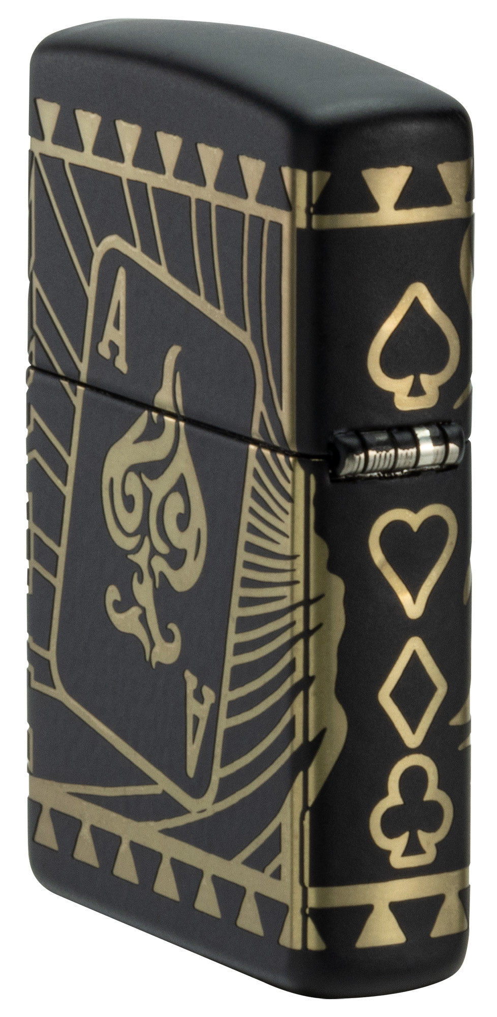 Angled shot of Zippo Rick Rietveld Laser 360 Black Matte Windproof Lighter showing the back and hinge side of the lighter.