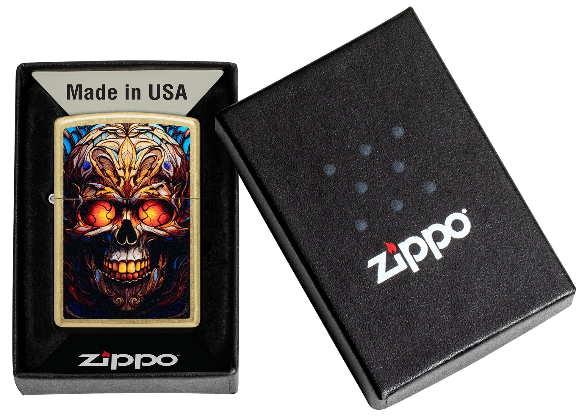 Zippo Stained Glass Skull Design Street Brass Windproof Lighter in its packaging.
