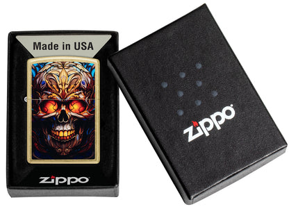Zippo Stained Glass Skull Design Street Brass Windproof Lighter in its packaging.