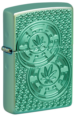 Front shot of Zippo Cannabis Chips Design Armor High Polish Green Windproof Lighter standing at a 3/4 angle.