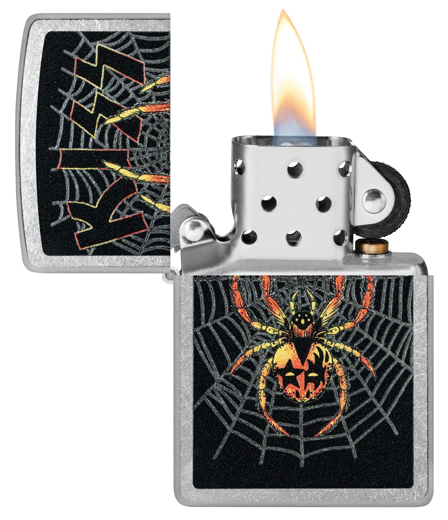Zippo KISS® Spider Design Street Chrome Windproof Lighter with its lid open and lit.