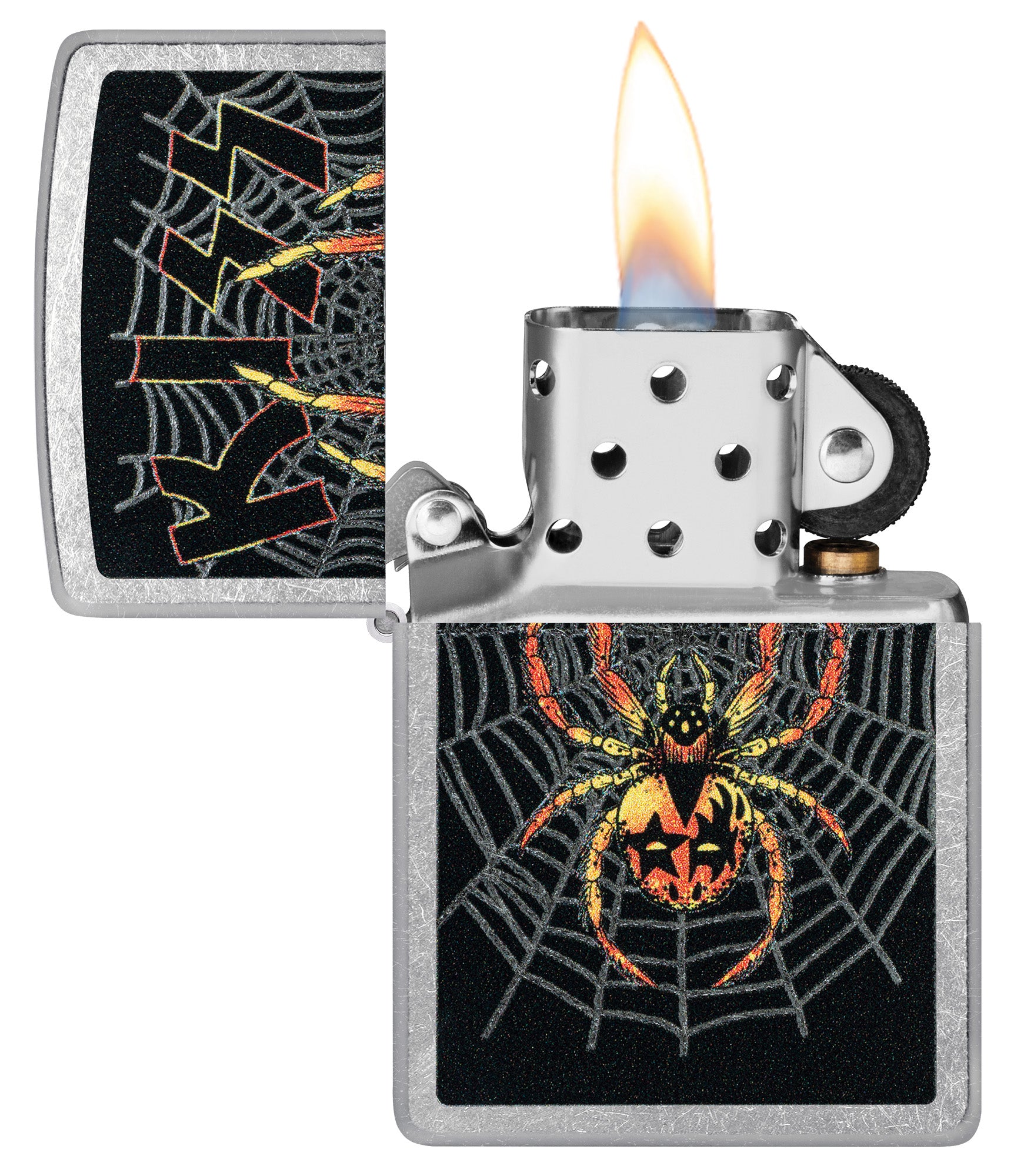 Zippo KISS® Spider Design Street Chrome Windproof Lighter with its lid open and lit.