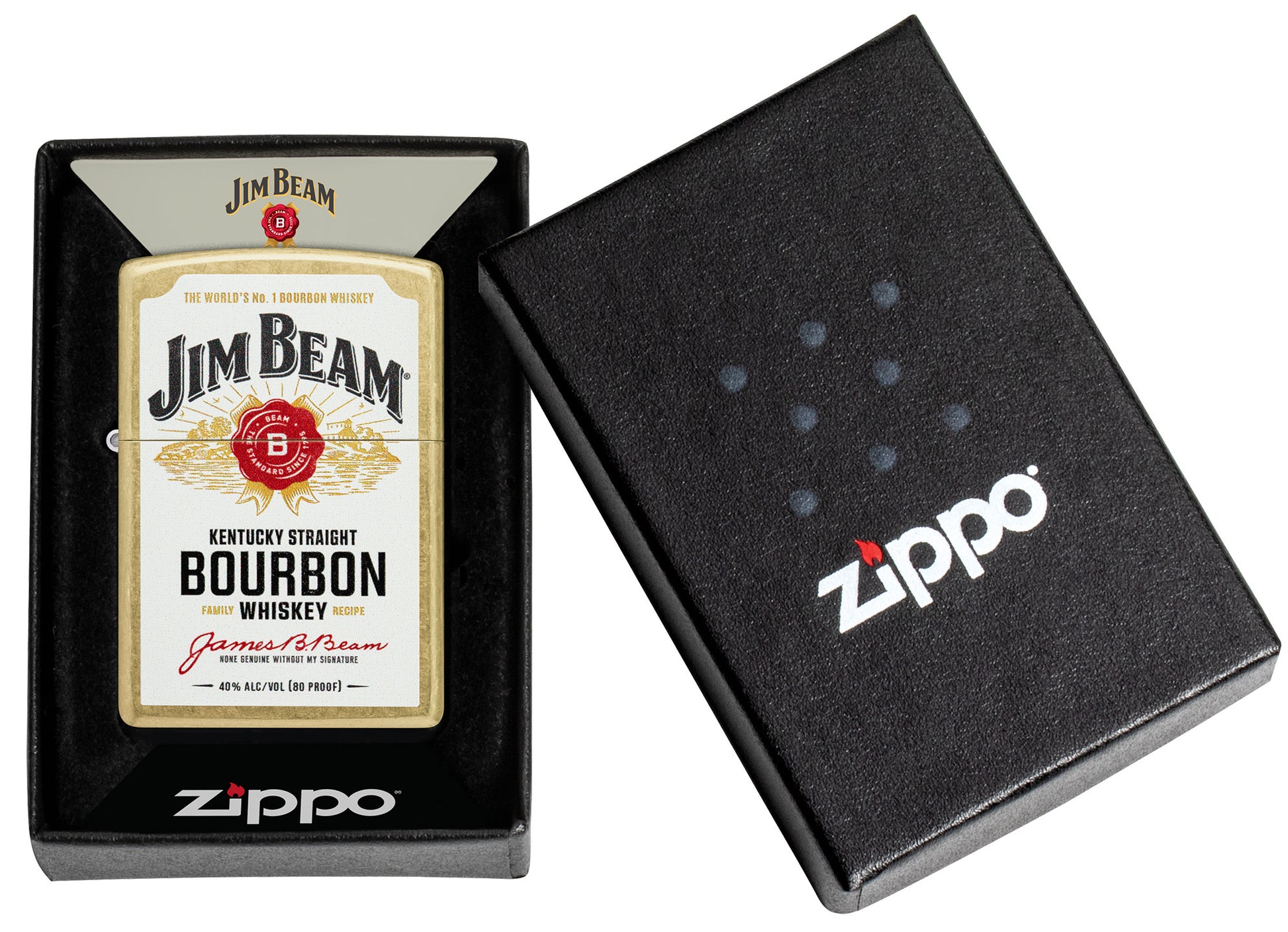 Zippo Jim BeamÂ® Label Design Regular Street Brass Windproof Lighter in its packaging.