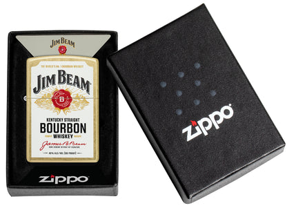 Zippo Jim BeamÂ® Label Design Regular Street Brass Windproof Lighter in its packaging.