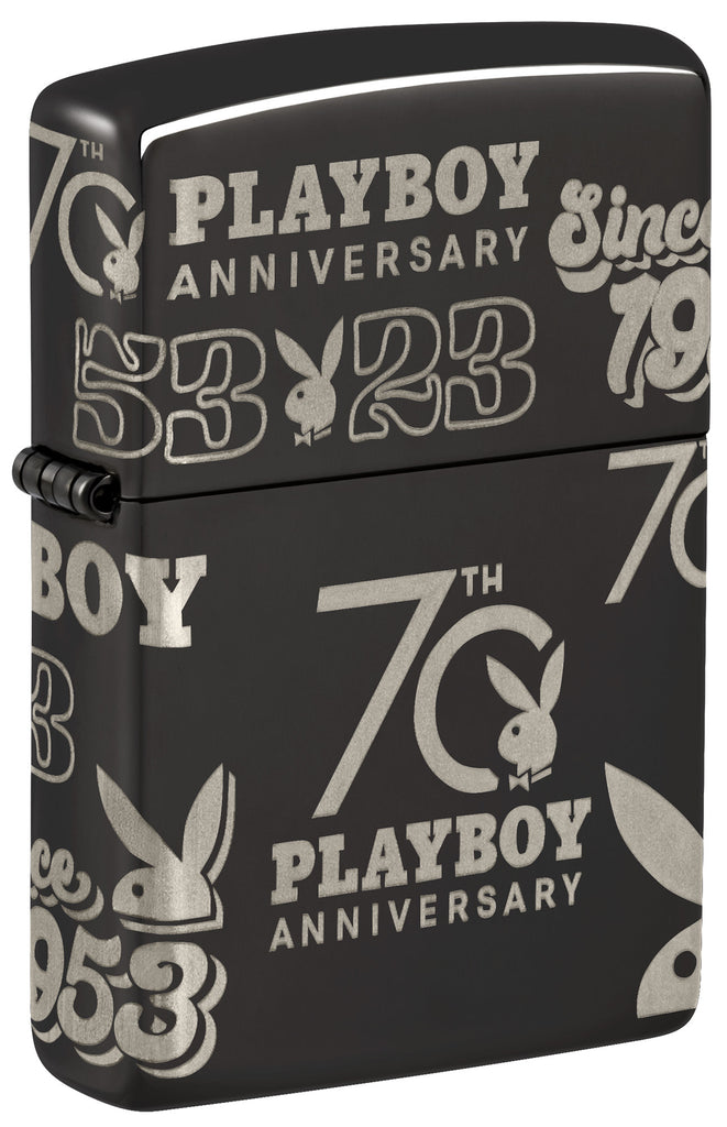 Front shot of Zippo Playboy 70th Anniversary High Polish Black Windproof Lighter at a 3/4 angle.