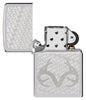 Zippo RealTree High Polish Chrome Windproof Lighter with its lid open and unlit.