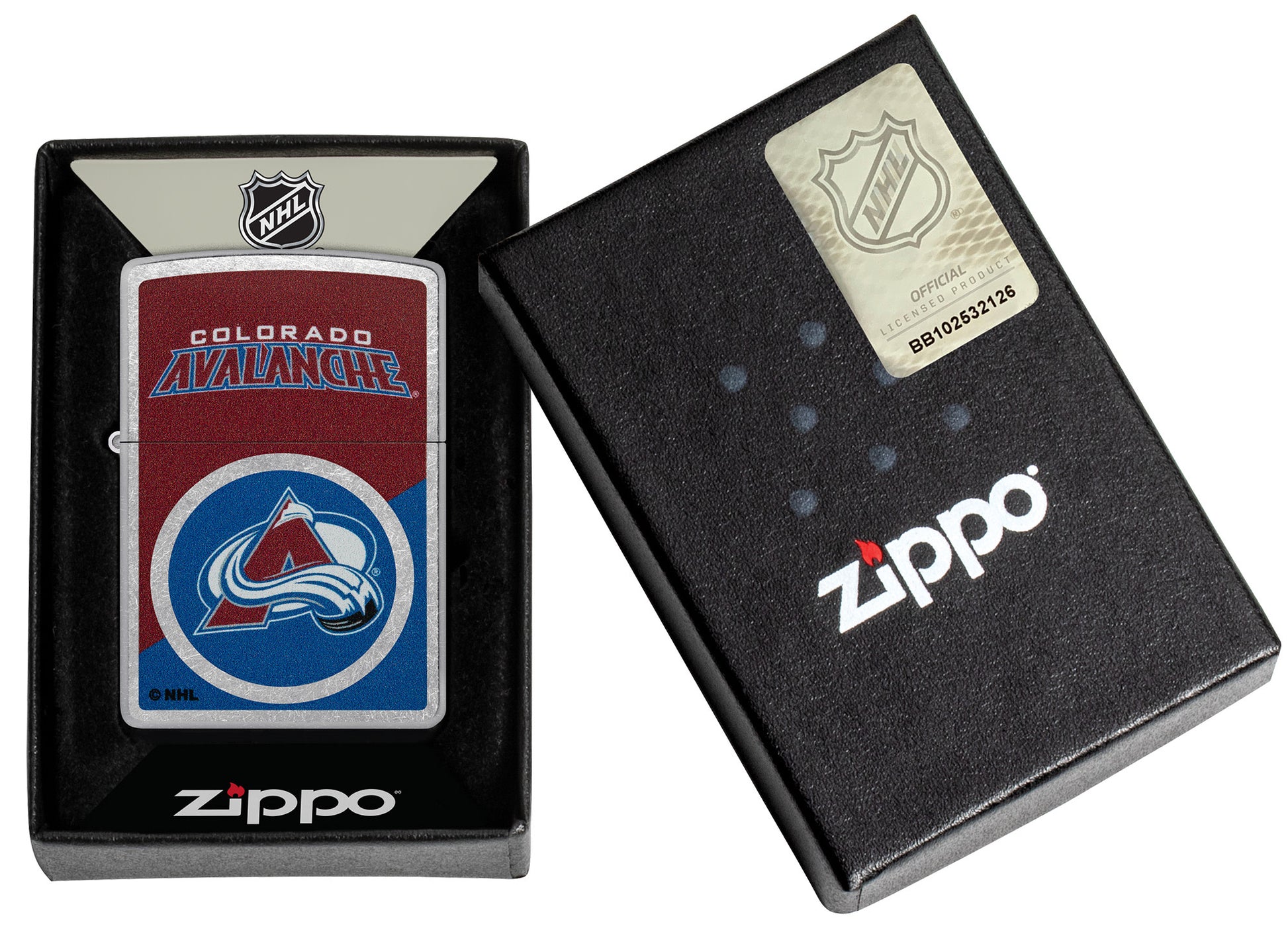 Zippo NHL® Colorado Avalanche® 2024 Street Chrome™ Windproof Lighter in its packaging.