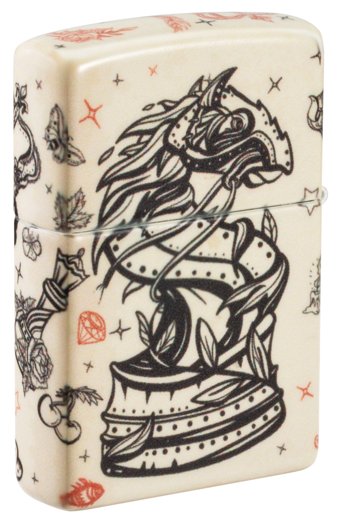 Back shot of Zippo Checkmate Design 540 Matte Windproof Lighter standing at a 3/4 angle.