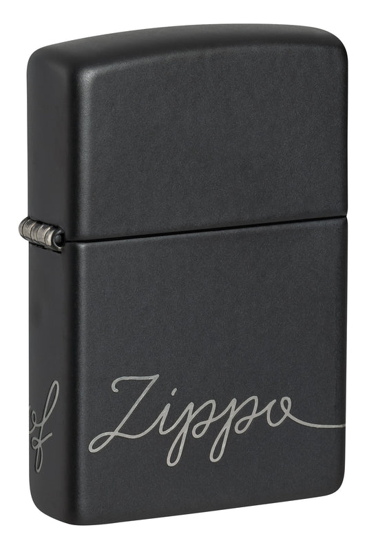 Front view of Zippo Design Black Matte with Chrome Windproof Lighter standing at a 3/4 angle.