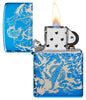 Zippo Atlantis Design High Polish Blue Windproof Lighter with its lid open and lit.