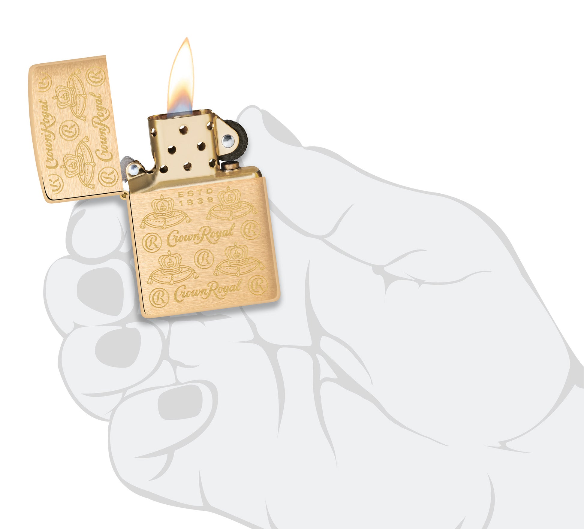 Zippo Crown Royal Elegance Design Brushed Brass Windproof Lighter lit in hand.