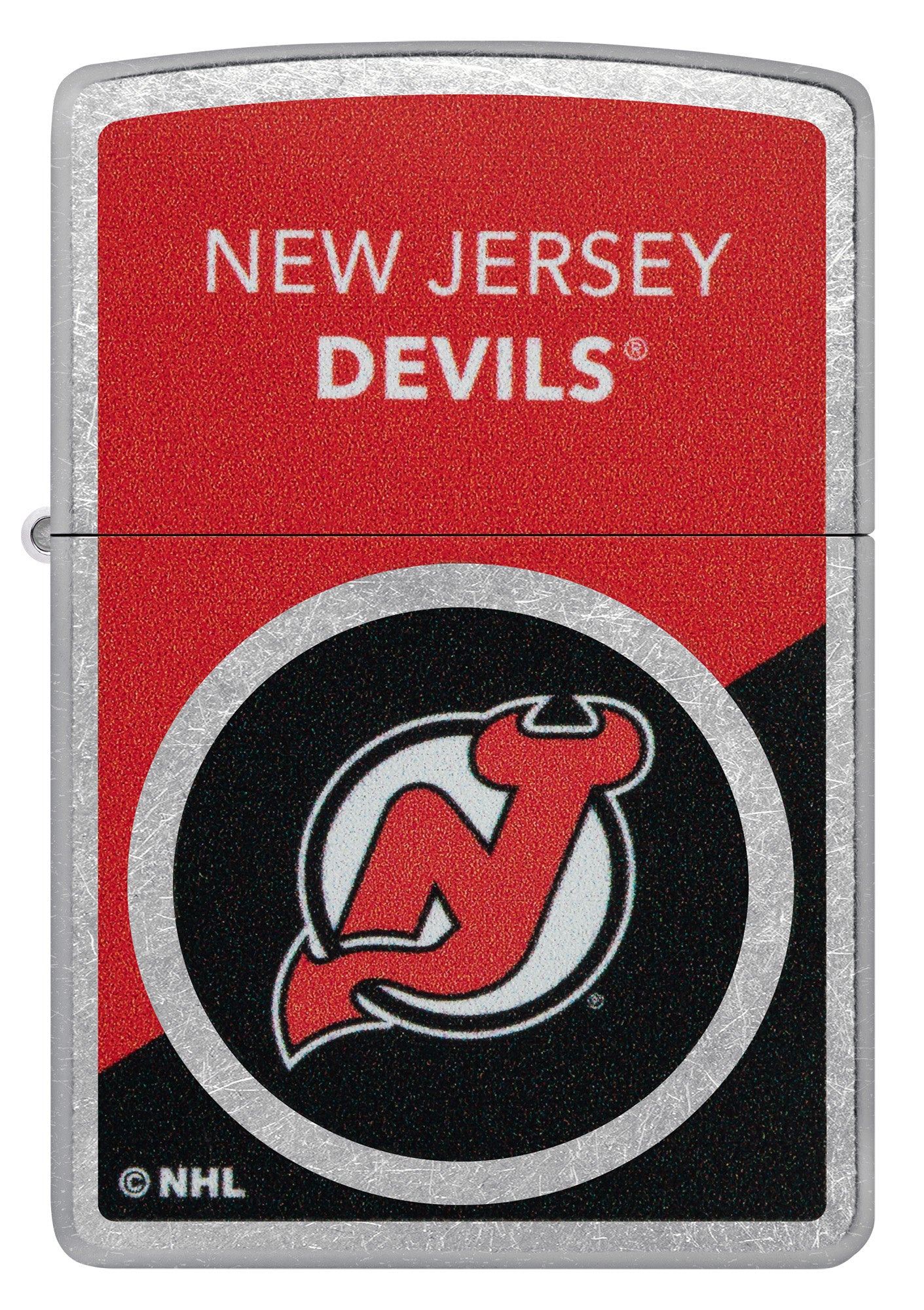 Zippo NHL® New Jersey Devils® 2024 Street Chrome™ Windproof Lighter with its lid open and lit.