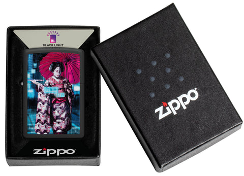 Zippo Black Light Cyber Kimono Design Black Matte Windproof Lighter in its packaging.