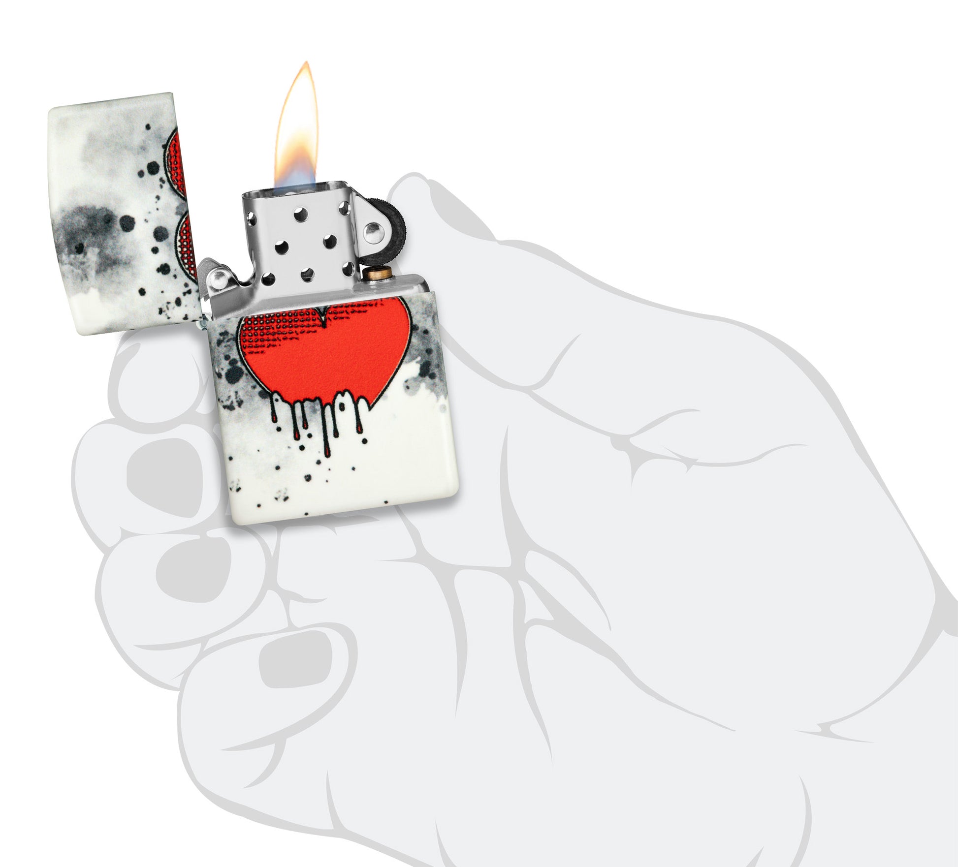 Zippo Love Drip Design 540 Color Glow in the Dark Windproof Lighter lit in hand.