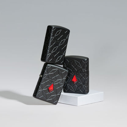 Lifestyle image of Zippo Crystal Design ArmorÂ® Black Matte Windproof Lighters standing on top of each other, showing all angles of the lighter.