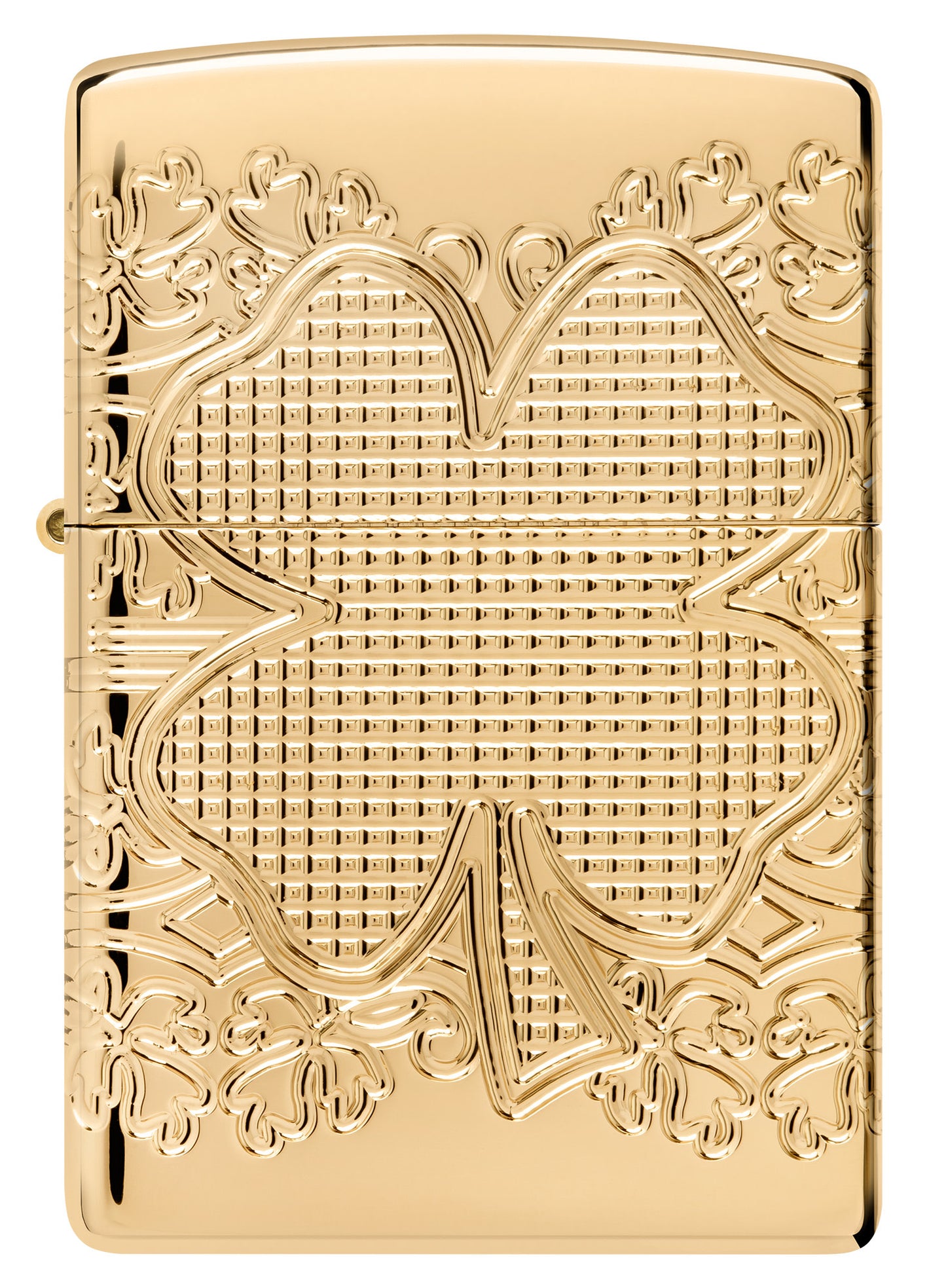 Front view of Zippo Lucky Clover Design ArmorÂ® High Polish Gold Plate Windproof Lighter.