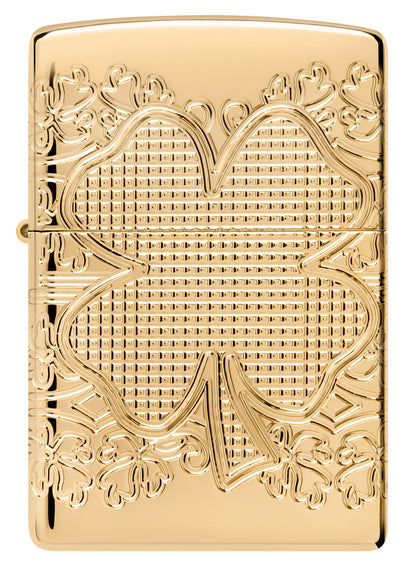 Front view of Zippo Lucky Clover Design ArmorÂ® High Polish Gold Plate Windproof Lighter.