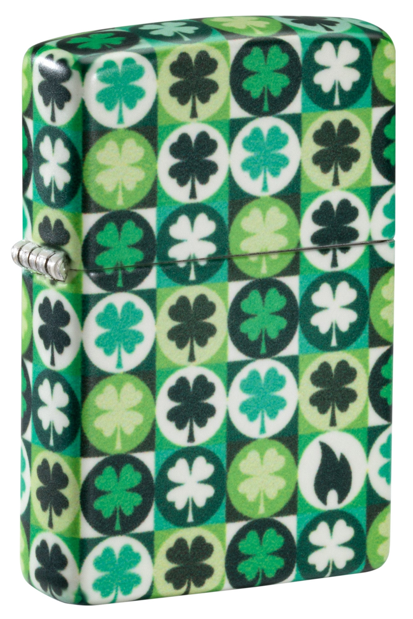 Front view of Zippo Clover Design Glow in the Dark Green Matte Windproof Lighter standing at a 3/4 angle.