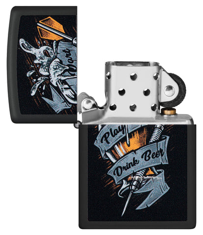 Zippo Darts Design Black Matte Windproof Lighter with its lid open and unlit.