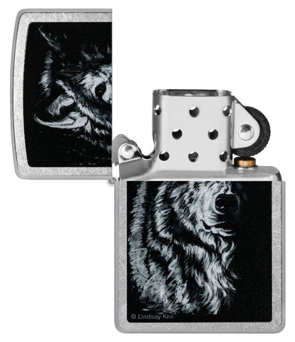Zippo Lindsay Kivi Shadow Wolf Street Chrome Windproof Lighter with its lid open and unlit.
