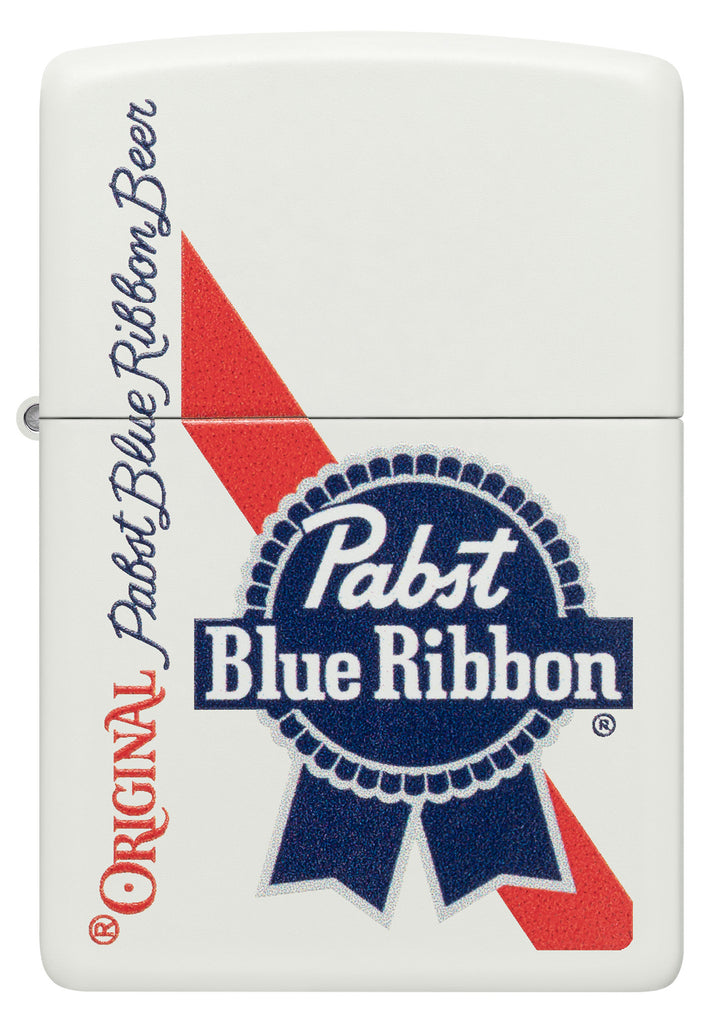 Front shot of Zippo Pabst Blue Ribbon Design White Matte Windproof Lighter.