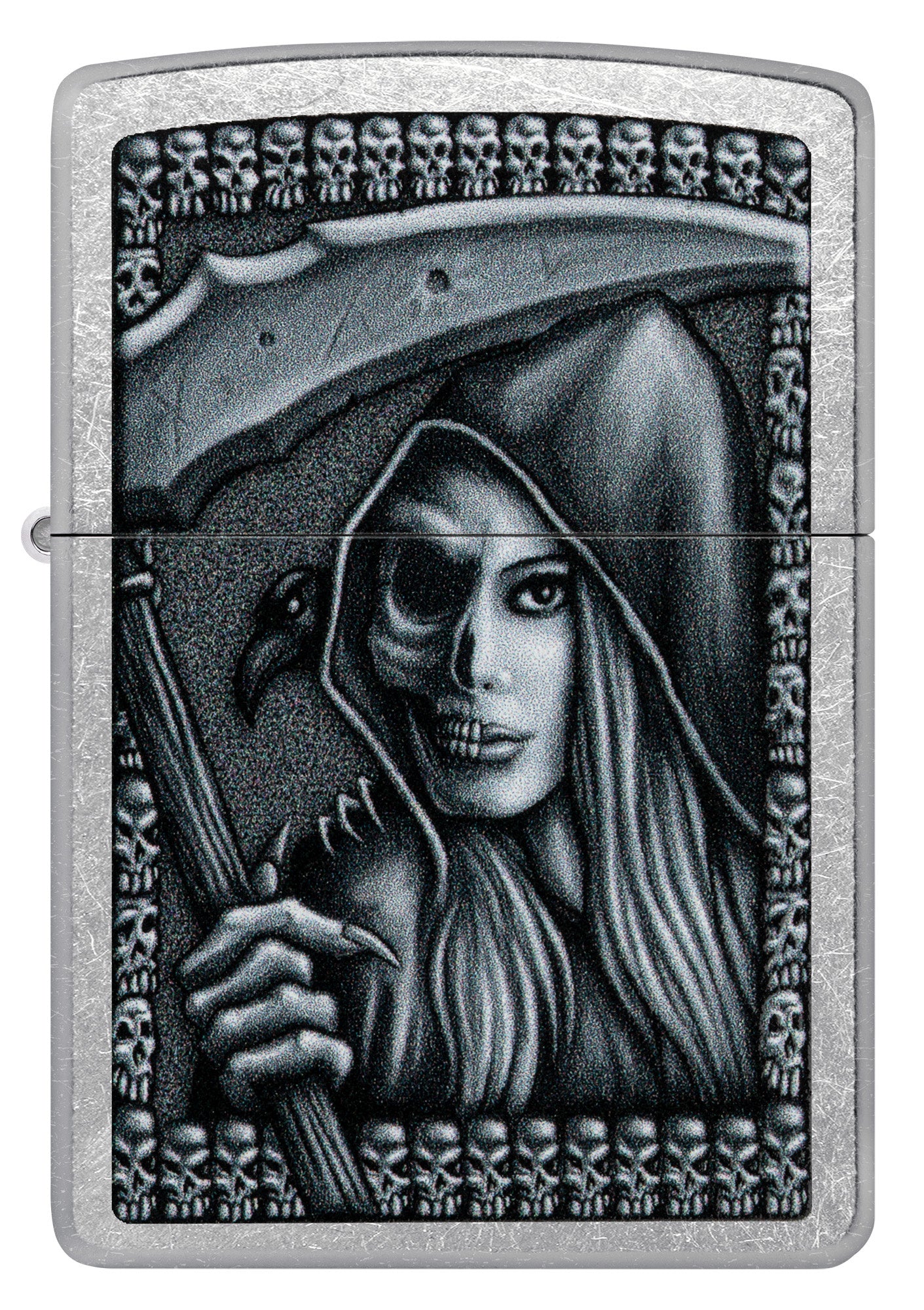 Front view of Zippo Grim Beauty Design Street Chrome Windproof Lighter.