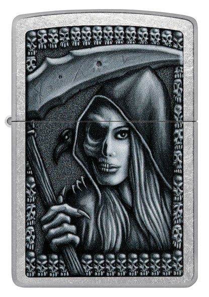 Front view of Zippo Grim Beauty Design Street Chrome Windproof Lighter.