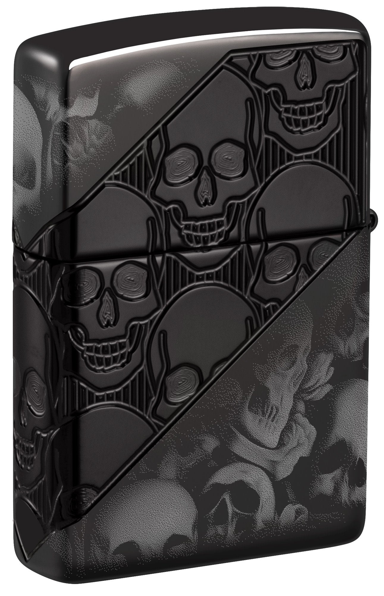 Back shot of Zippo Skull Collage Design ArmorÂ® High Polish Black Windproof Lighter standing at a 3/4 angle.