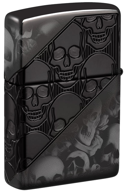 Back shot of Zippo Skull Collage Design ArmorÂ® High Polish Black Windproof Lighter standing at a 3/4 angle.