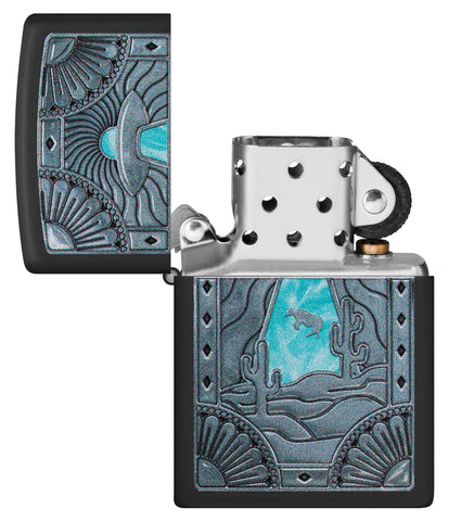 Zippo UFO Cow Black Matte Windproof Lighter with its lid open and unlit.