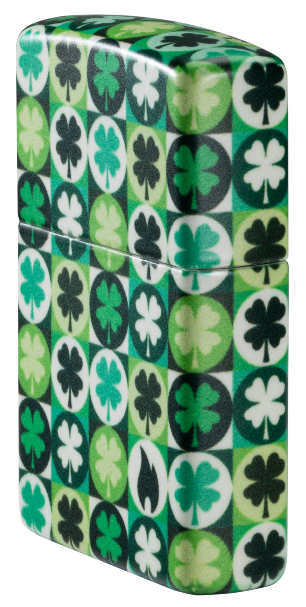 Angled shot of Zippo Clover Design Glow in the Dark Green Matte Windproof Lighter showing the front and right side of the lighter.