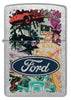 Front shot of Zippo Ford Collage Street Chrome Pocket Lighter.