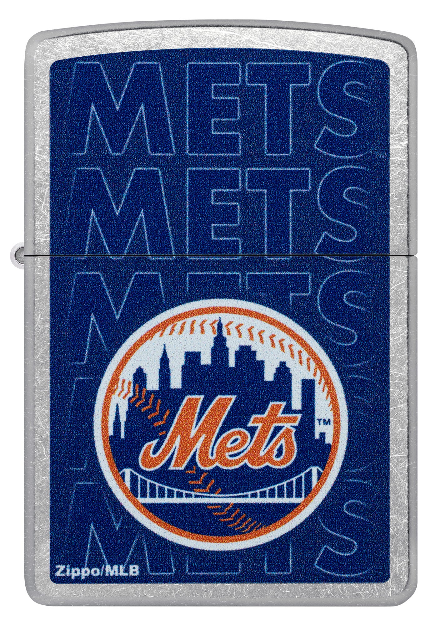 Front view of Zippo MLB® New York Mets Street Chrome Windproof Lighter.