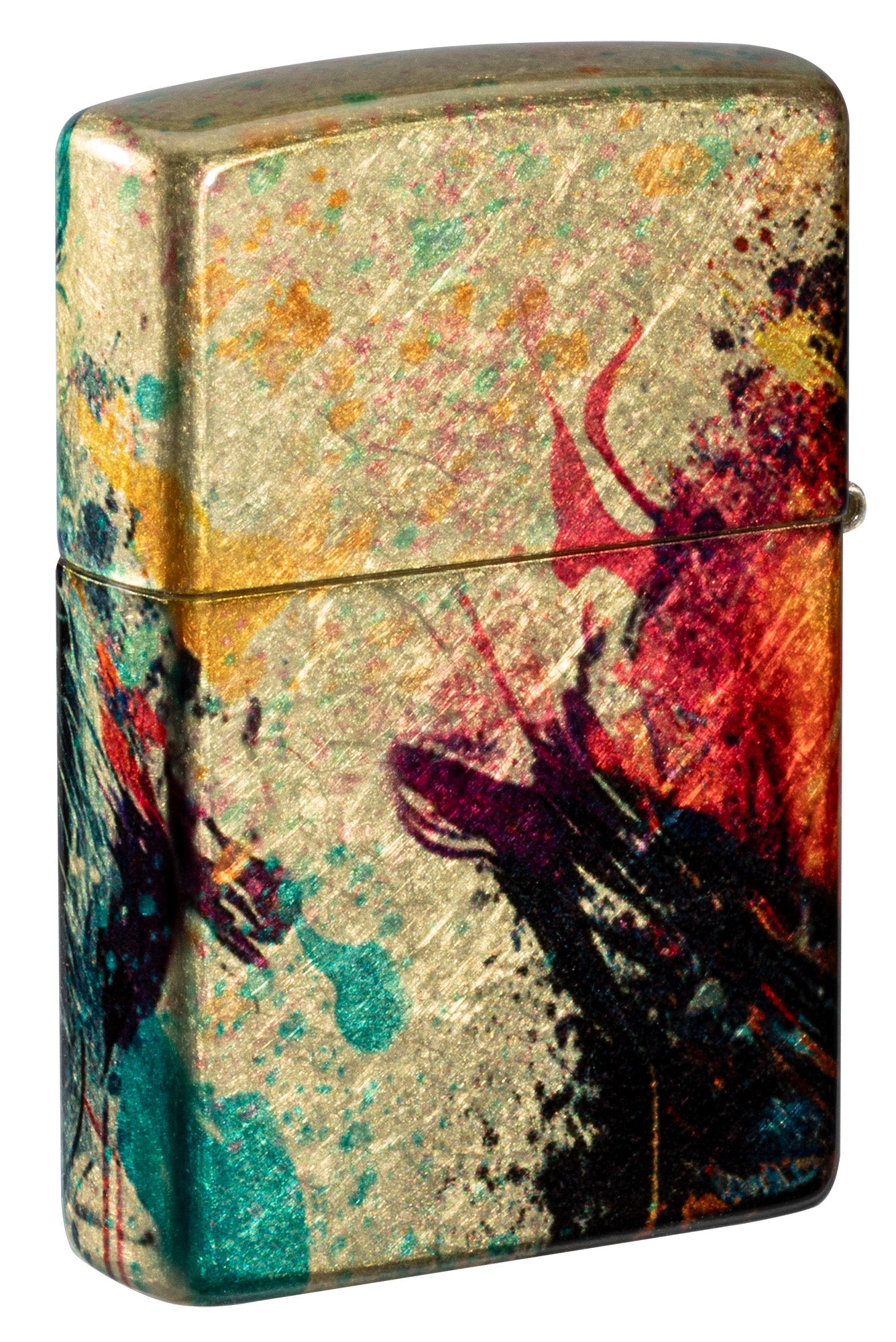 Back shot of Zippo Painted Tiger Design 540 Tumbled Brass Windproof Lighter standing at a 3/4 angle.