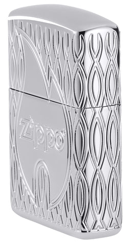 Angled shot of Zippo Flame Design Armor High Polish Chrome Windproof Lighter showing the front and right side of the lighter.