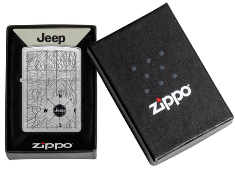 Zippo Jeep Topographical Map Street Chrome Windproof Lighter in its packaging.